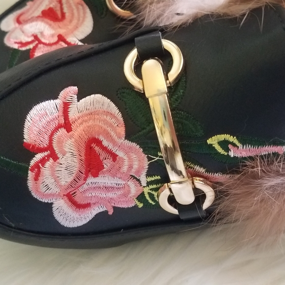 Black Floral Design Mule with Faux Fur Lining - Picture 3 of 4